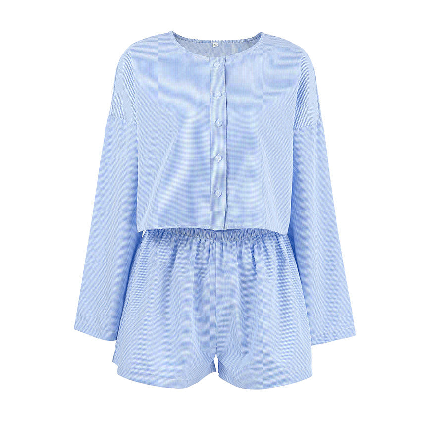 Dame afslappet cropped bluse- og shorts-sæt med vidde skårne ærmer og knapdetaljer Stilla