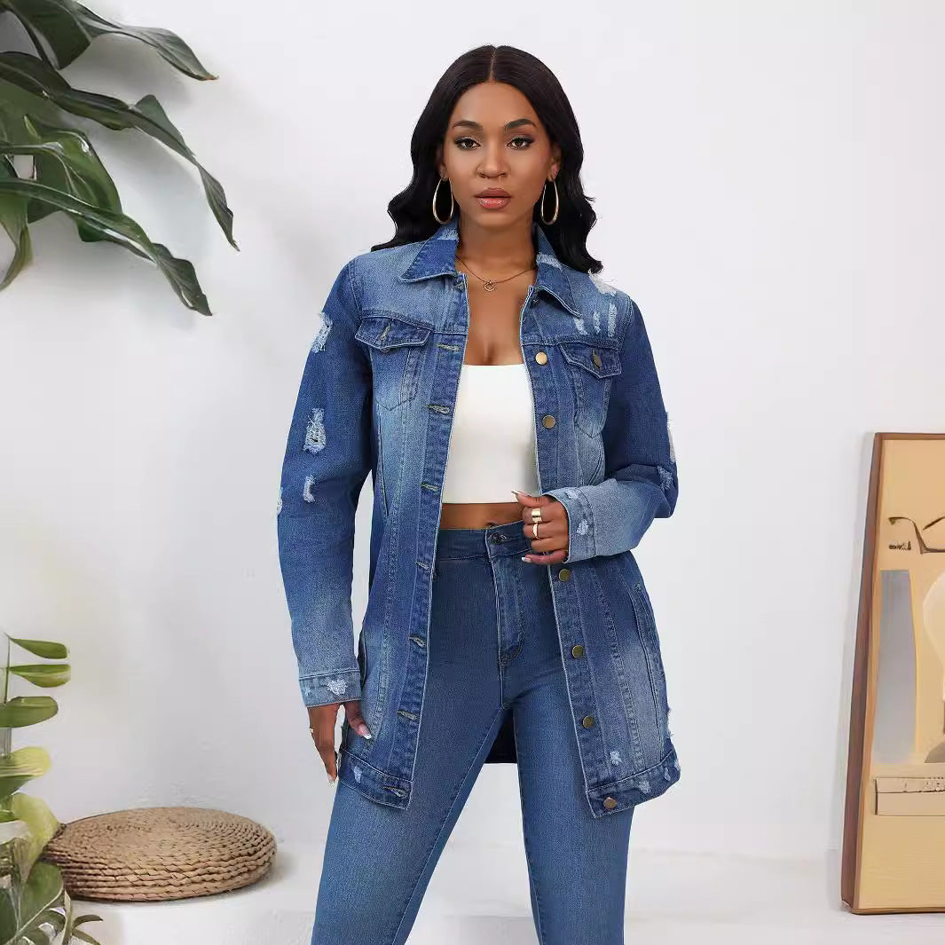 Dame afslappet denimjakke i moderne oversized snit med frynset accenter Stilla