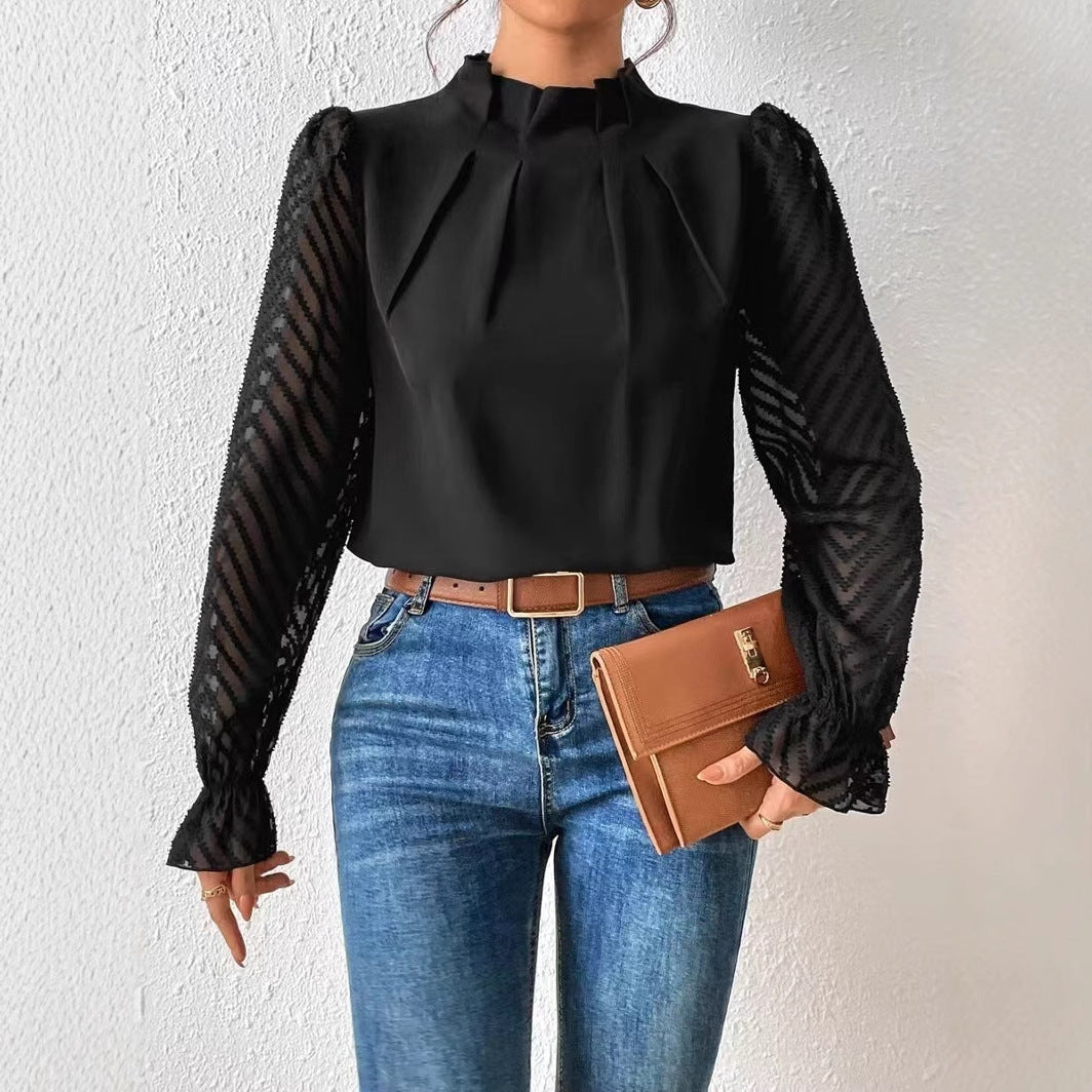 Dame Elegant bluse top med flæse detaljer og gennemsigtige ærmer Stilla
