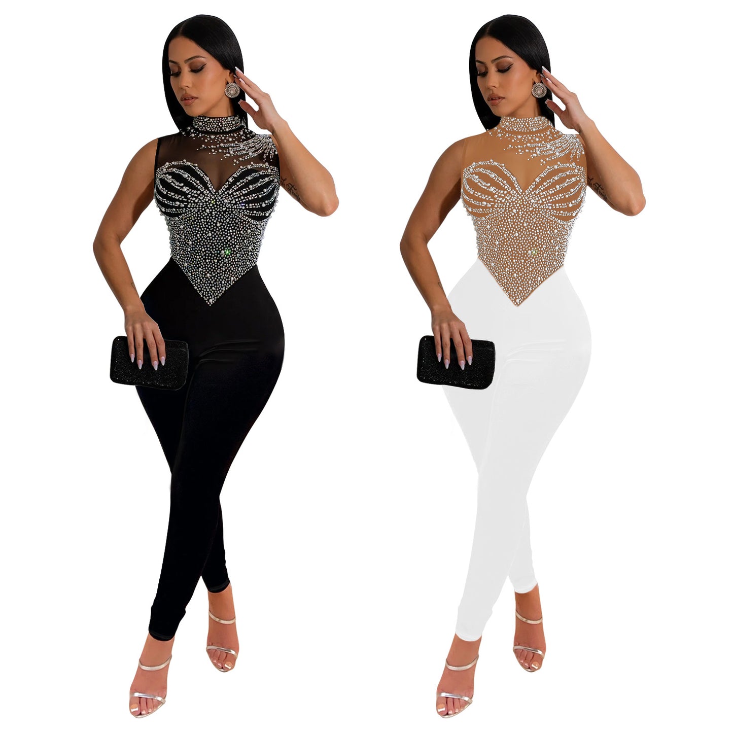 Dame glamorøs jumpsuit med glitrende strassdetaljer og gennemsigtigt overmateriale Stilla