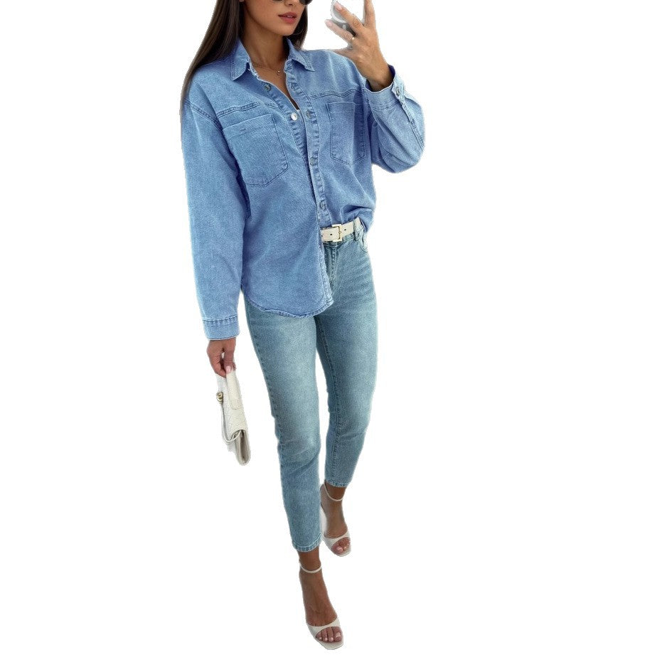 Dame afslappet denimbluse i oversized stil med lommer Stilla