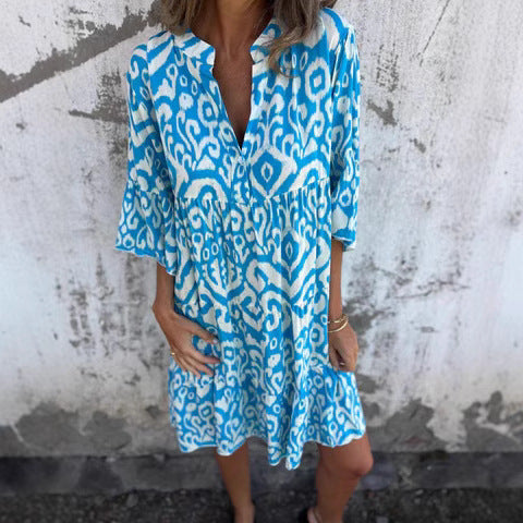 Dame afslappet bomulds kjole med V-udskæring og voluminøse ærmer Stilla