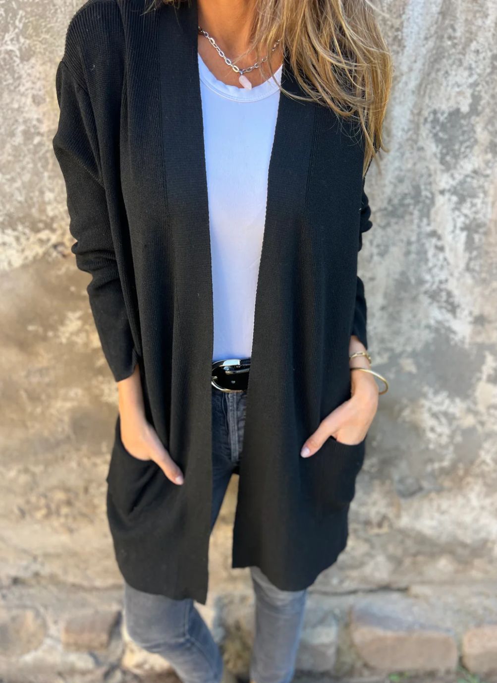 Dame åben front strikjakke med sidelommer Stilla