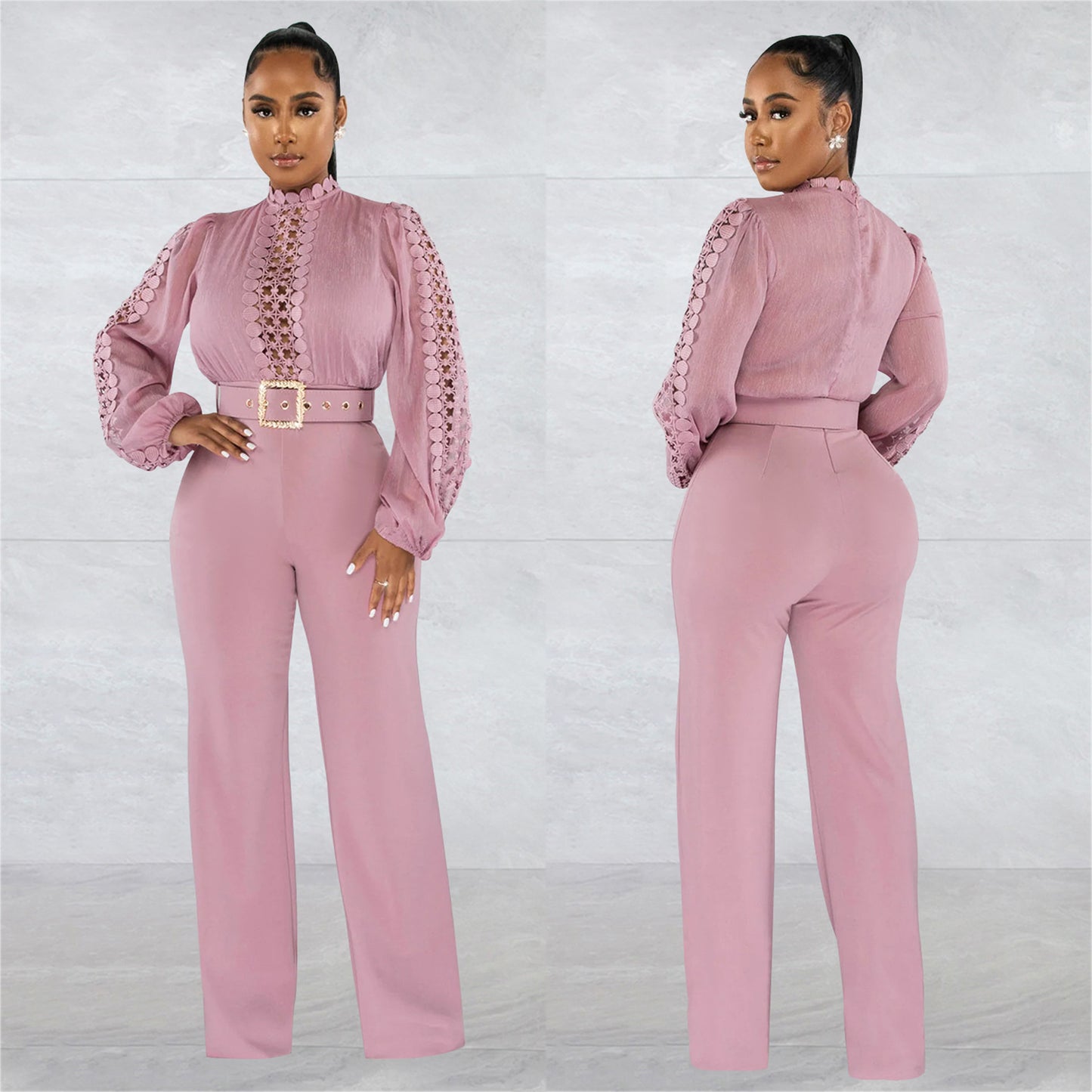 Dame Elegant Jumpsuit med Ryschenærmer og Taljebælte Stilla