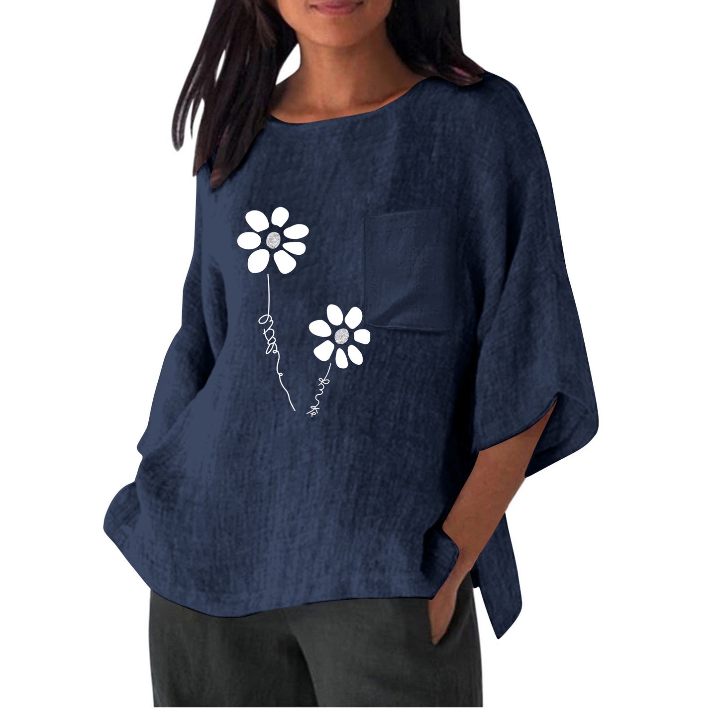 Dame afslappet bluse t-shirt med unik blomsterprint og praktisk brystlomme Stilla