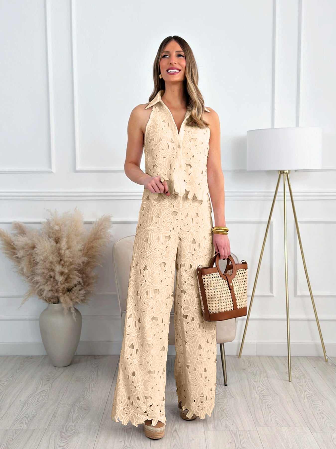 Dame Elegant Jumpsuit med spidsdetaljer og bredt ben Stilla
