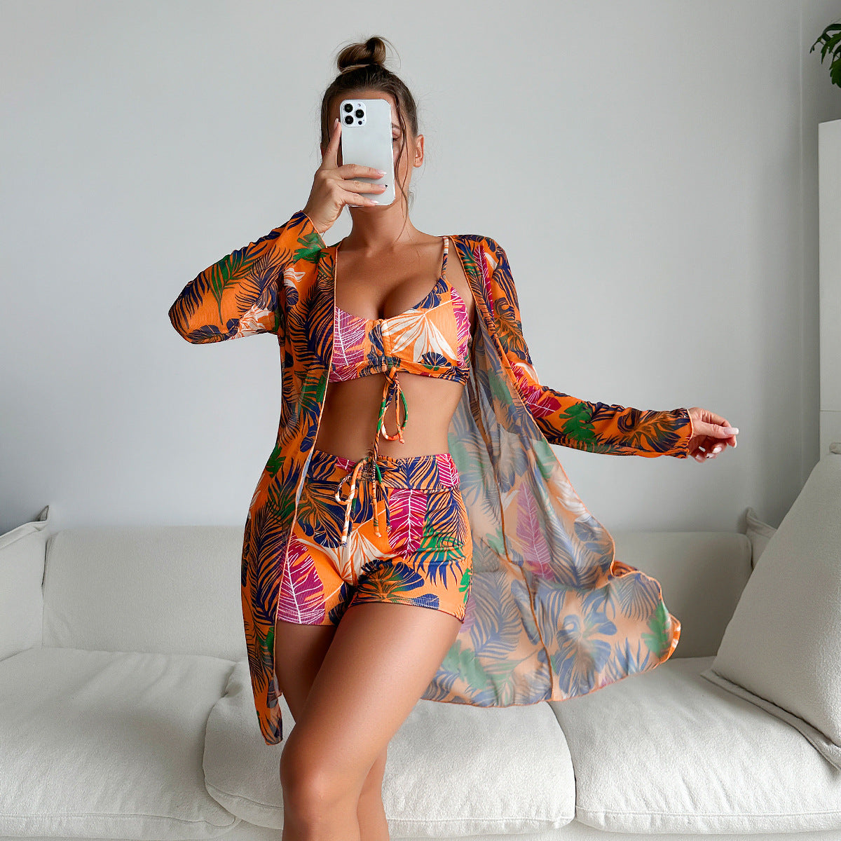 Dame Strandmode-sæt med floral Kimono og shorts Stilla