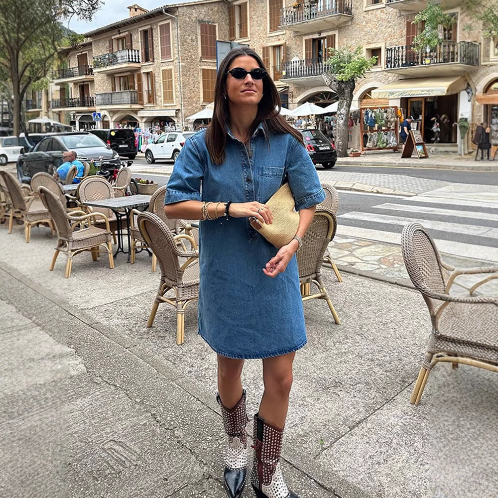 Dame Denim-Skjortekjole Stilla