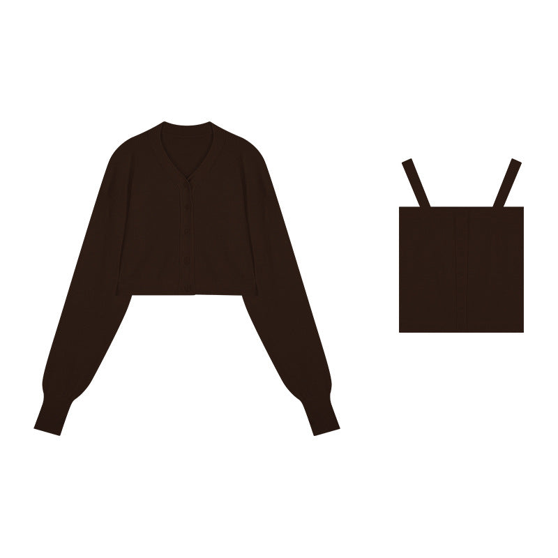 Dame cropped strikjakke med knapbar V-udskæring og lang arm Stilla