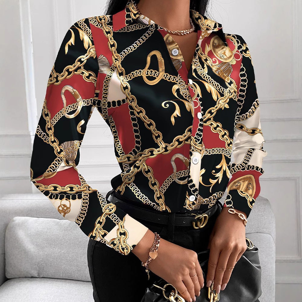 Dame Elegant Bluse med kunstnerisk tryk og fine detaljer Stilla