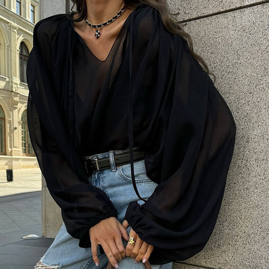 Dame elegant bluse med voluminøse ærmer og V-udskæring Stilla
