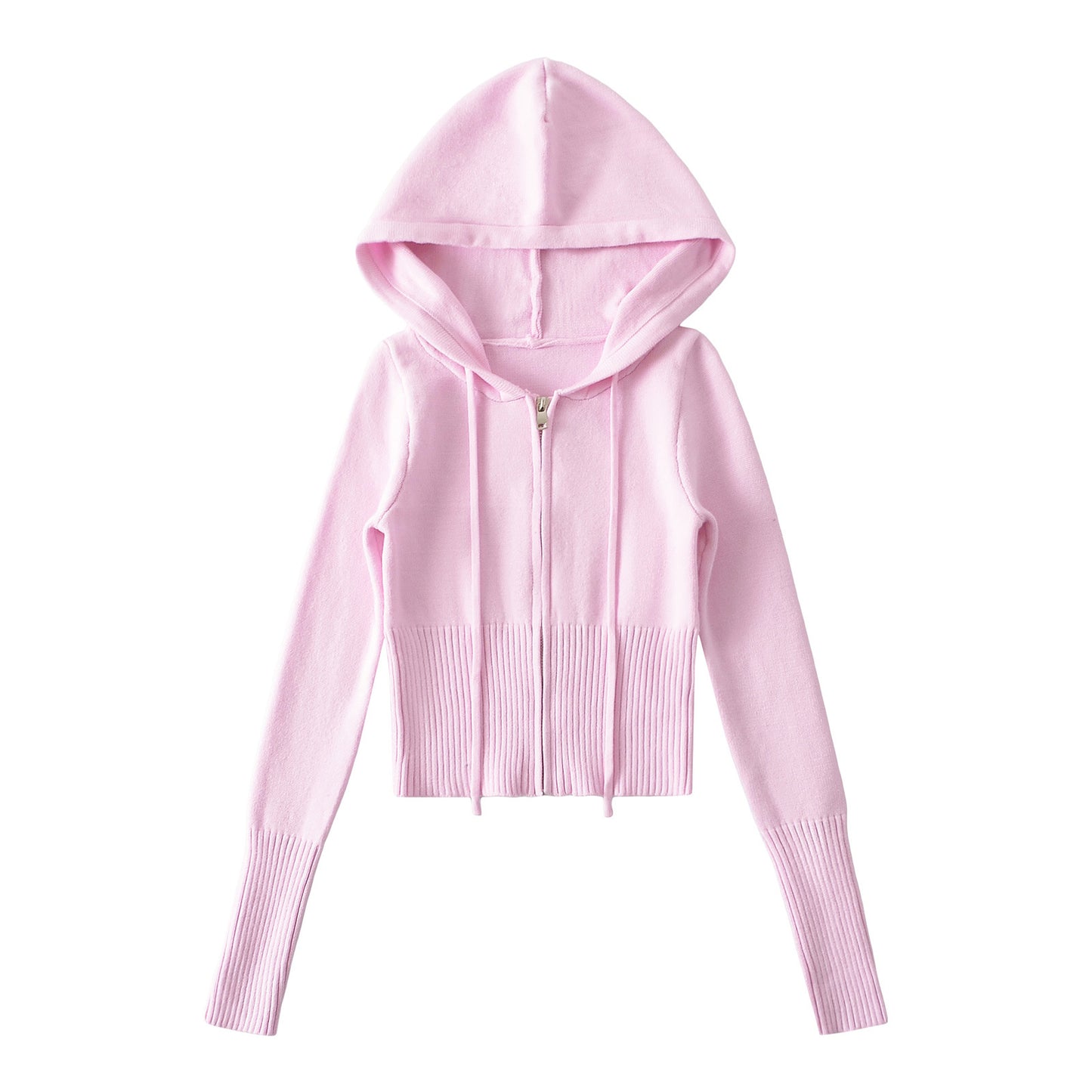 Dame Cropped Hoodie lavet af blødt strikmateriale med lynlås og hætte Stilla