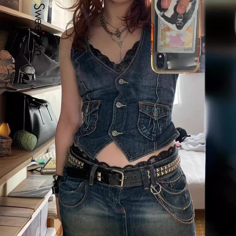 Dame Denim-korset med spidsdetaljer og unik snit Stilla