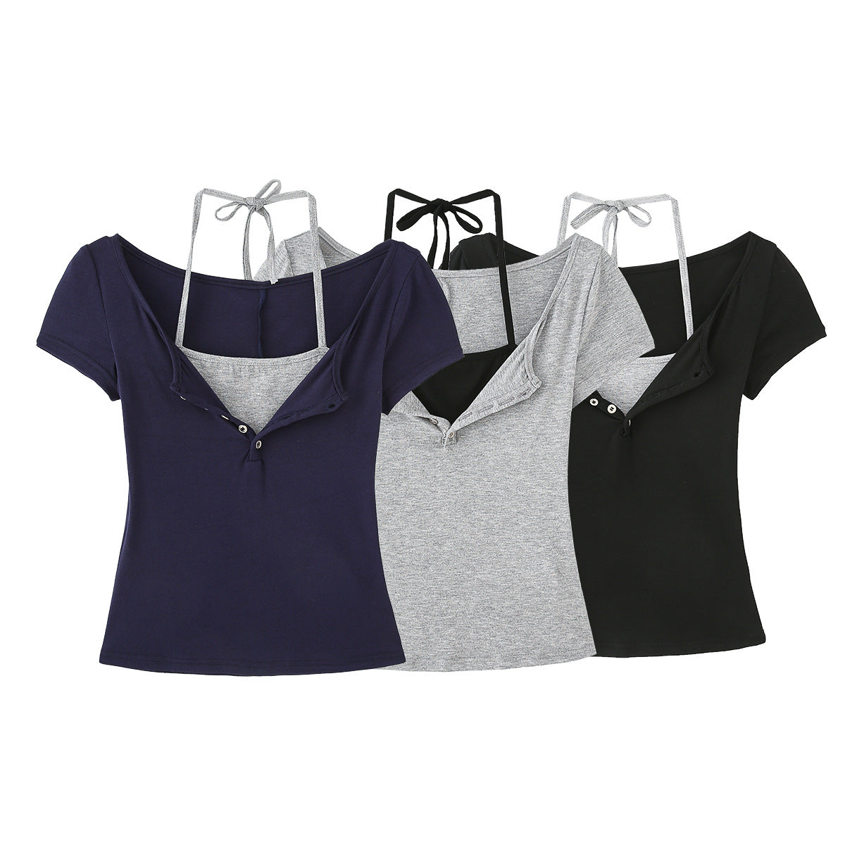 Dame Cropped T-shirt med justerbare spaghetti-stropper og knapdetaljering Stilla