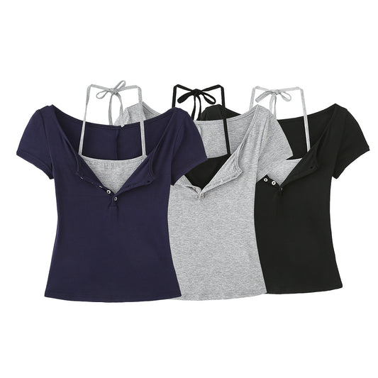 Dame Cropped T-shirt med justerbare spaghetti-stropper og knapdetaljering Stilla