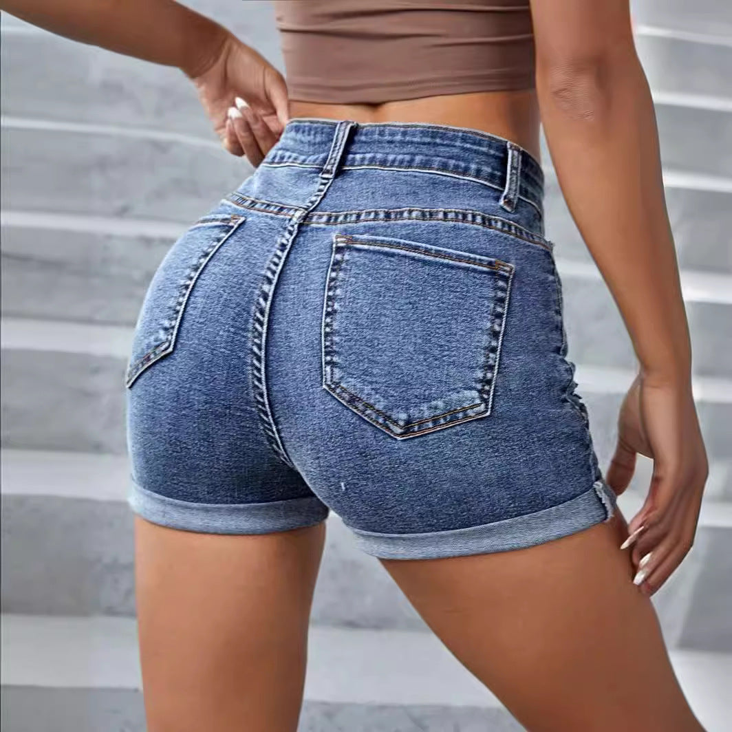 Dame jeans shorts med høj talje og afslappet destroyed-effekt Stilla