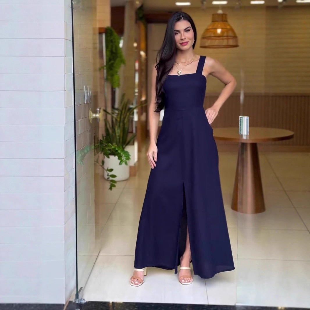 Dame Elegant Firkantet Uddannelse Maxikjole med Høj Split Stilla