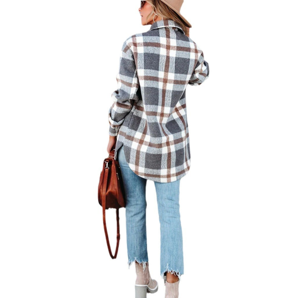 Dame afslappet oversized flanneljakke i ternet mønster med knapbar krave Stilla