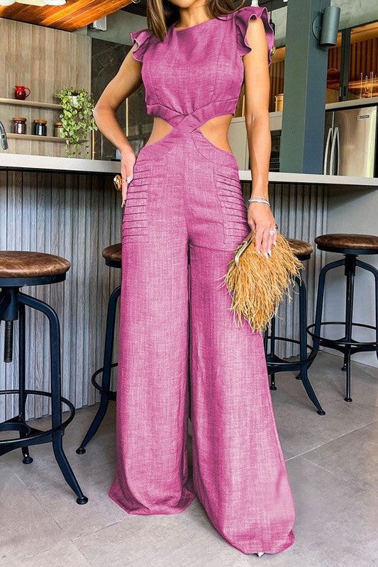 Stilla | Rund Hals Ruffle Løse Bukser Jumpsuit