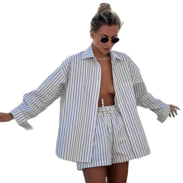 Dame afslappet stribeshirt- og shorts-sæt Stilla