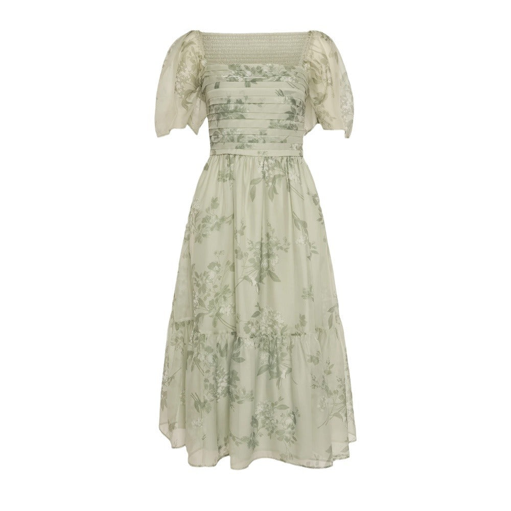 Dame Elegant blomsterkjole med gennemsigtige ærmer og taljering Stilla