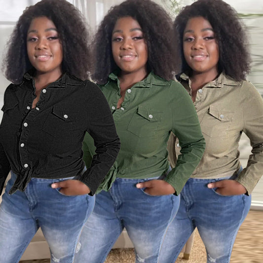 Dame afslappet langærmet bluse med praktisk knude lukning og brystlommer Stilla