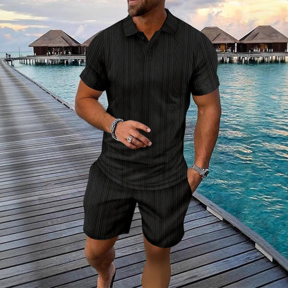 Herrer Strukturstrik Polo og Shorts Sæt Stilla
