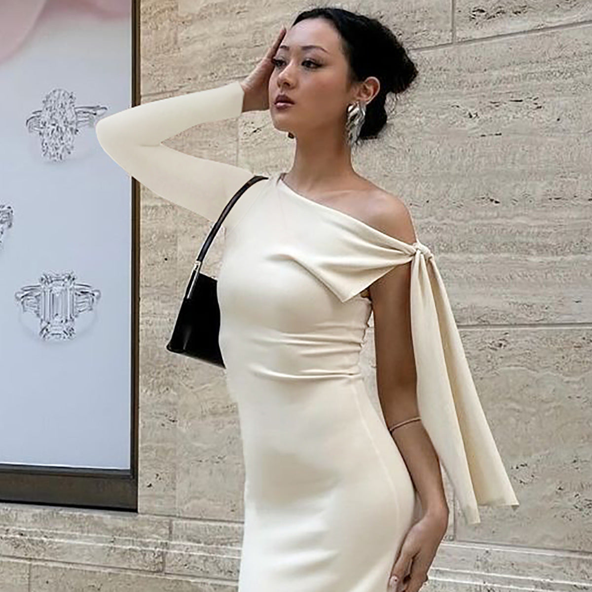 Dame Elegant indpakningskjole med asymmetrisk skulderdesign og figursyet snit Stilla