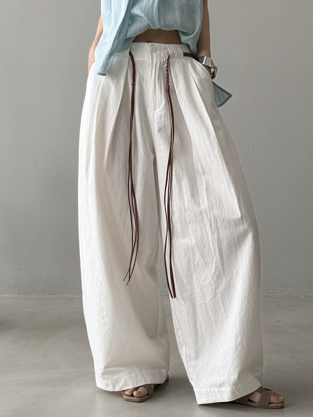 Dame afslappede linnedbukser med bred ben og justerbar talje Stilla