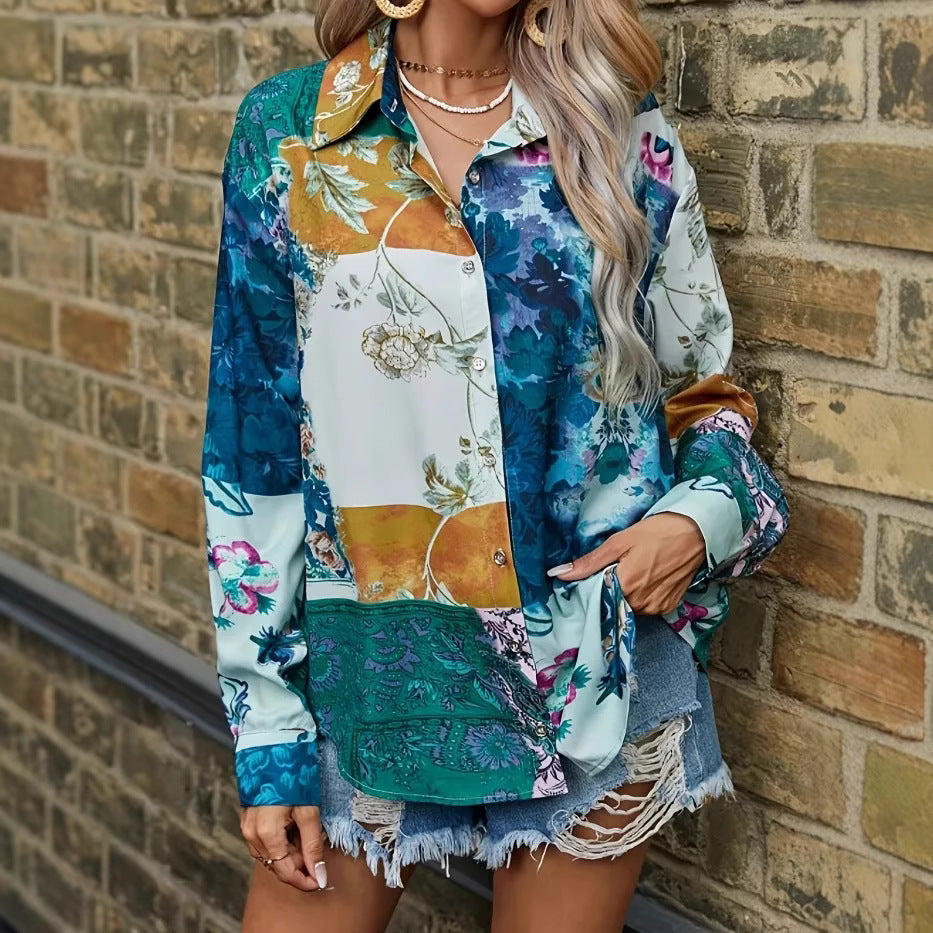 Dame dekorativ og legesyg designet bluse i patchwork-stil Stilla