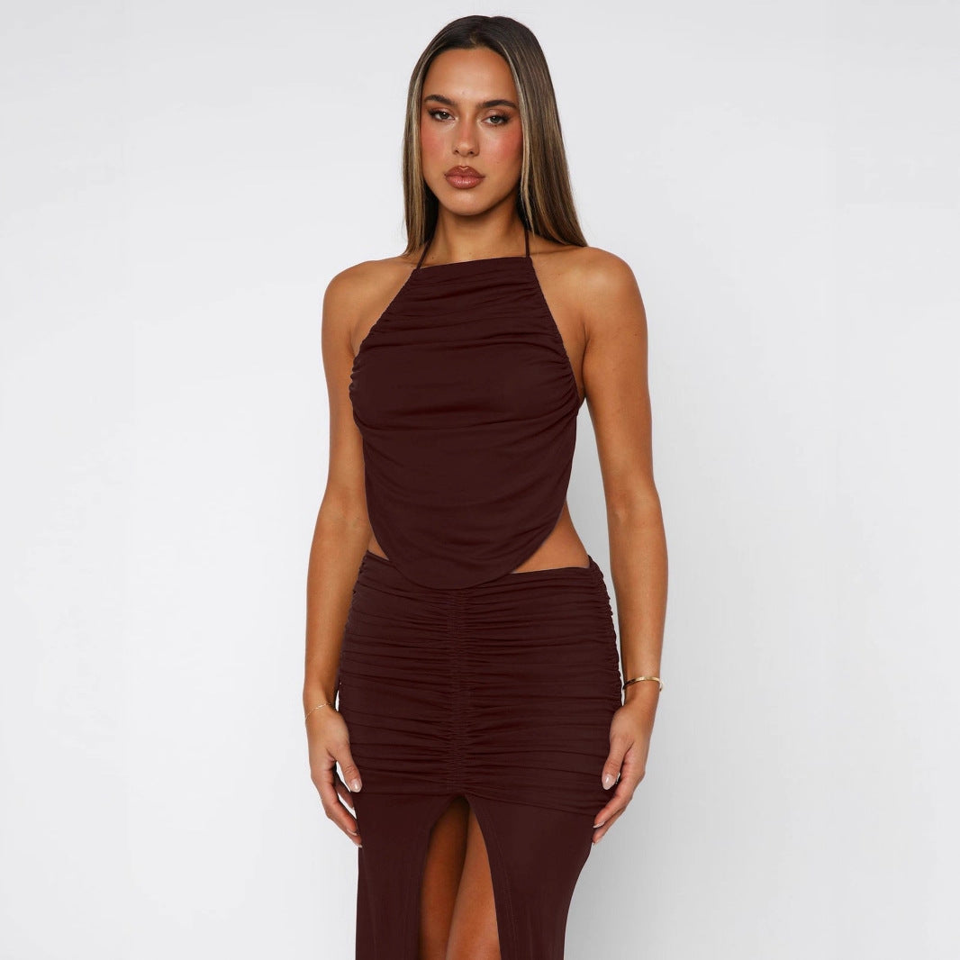 Dame elegant lang jumpsuit med rynket overdel og højt ben split Stilla