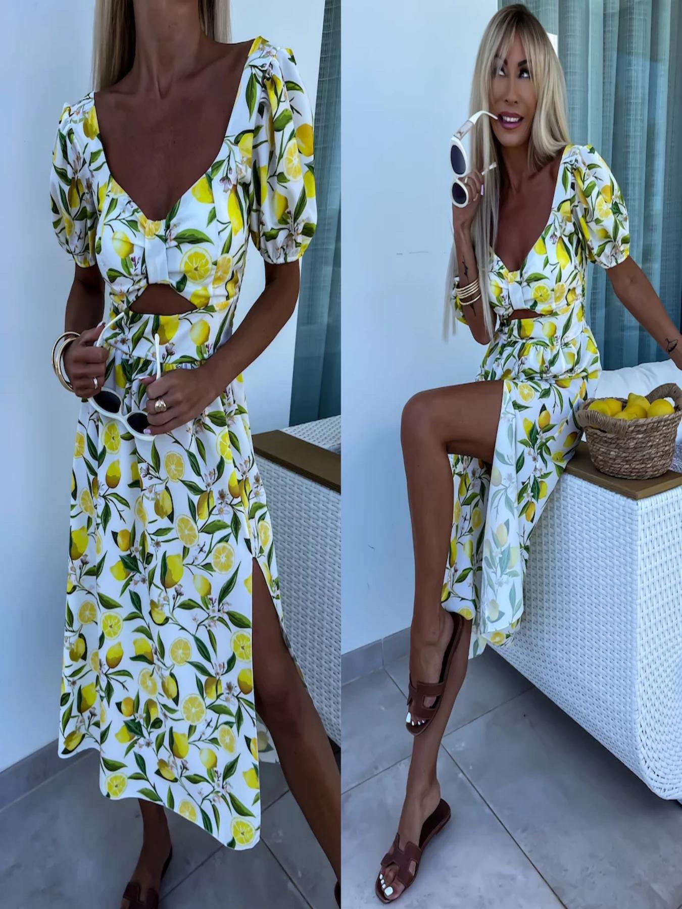 Dame Cut-Out Citron-Print Midi Kjole Stilla