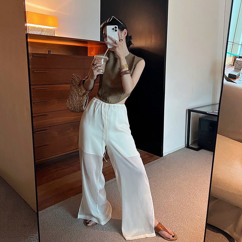 Dame afslappede Palazzo-bukser med elastisk talje og gennemsigtig overlay Stilla