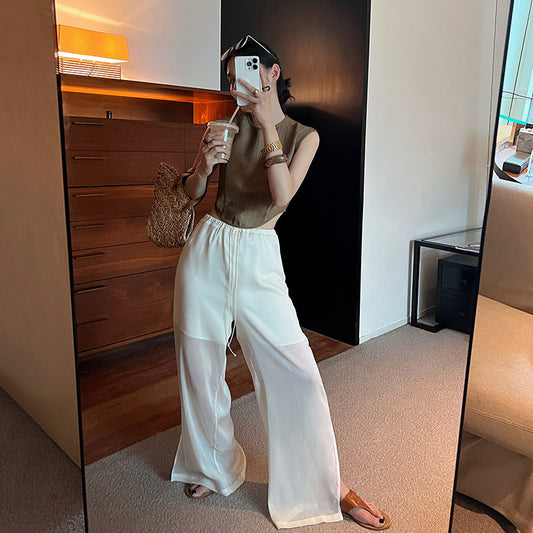 Dame afslappede Palazzo-bukser med elastisk talje og gennemsigtig overlay Stilla