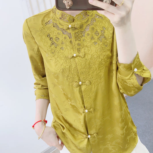 Dame elegant bluse med kunstneriske spidsaccent og fashionable knapdetaljer Stilla