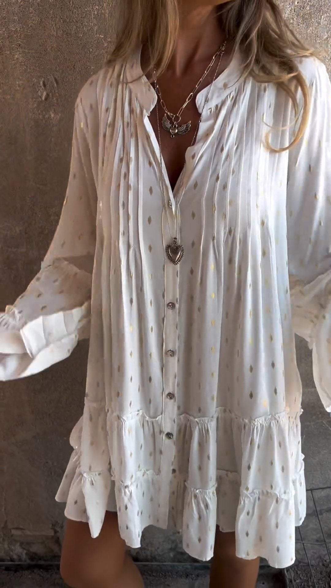 Dame elegant Bluse med flæse detaljer og knapliste Stilla