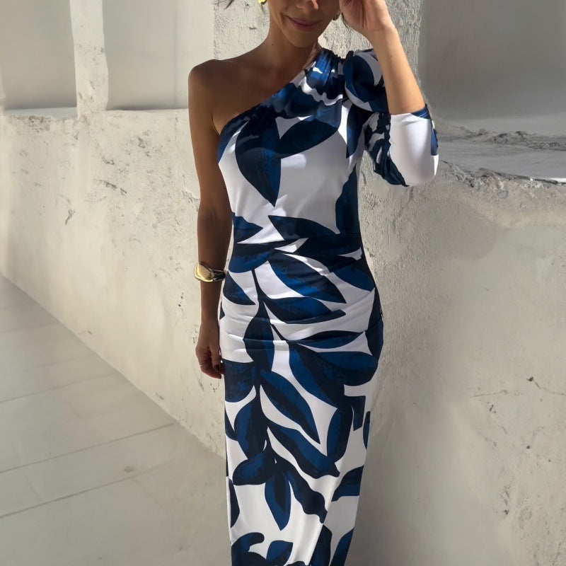 Dame elegant asymmetrisk Maxi-kjole med blomstermotiv og puffærmer Stilla