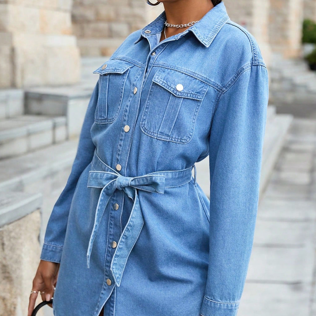 Dame Denim Skjortekjole med praktiske lommer og taljerbar bælte Stilla