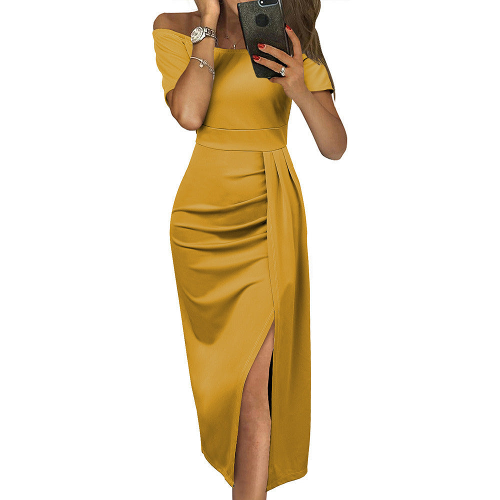 Stilla | Off Shoulder Korte Ærmer Solid Slids Midi Kjole