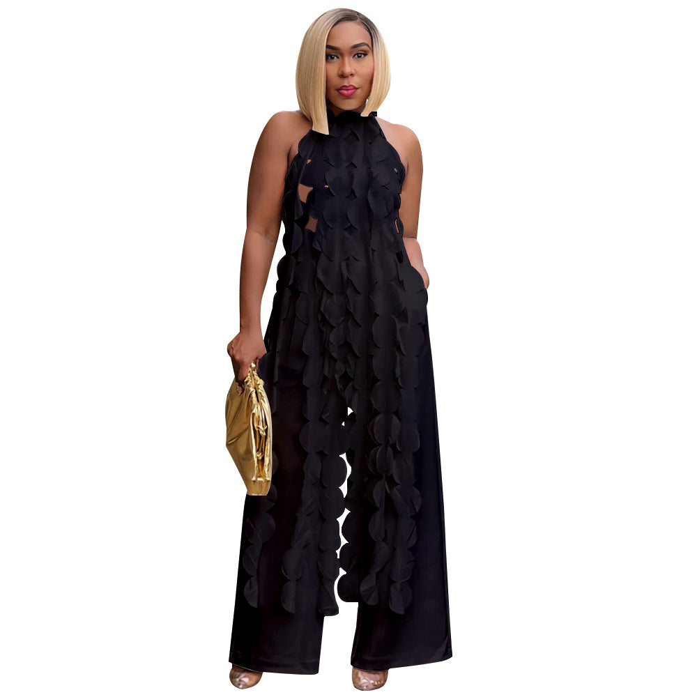 Damer mode Halterneck-jumpsuit med frynset design og lommer Stilla