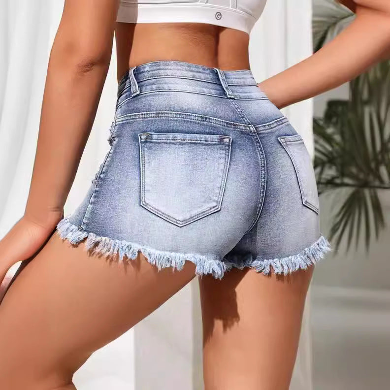Dame denim-shorts med høj talje og frynset kant Stilla
