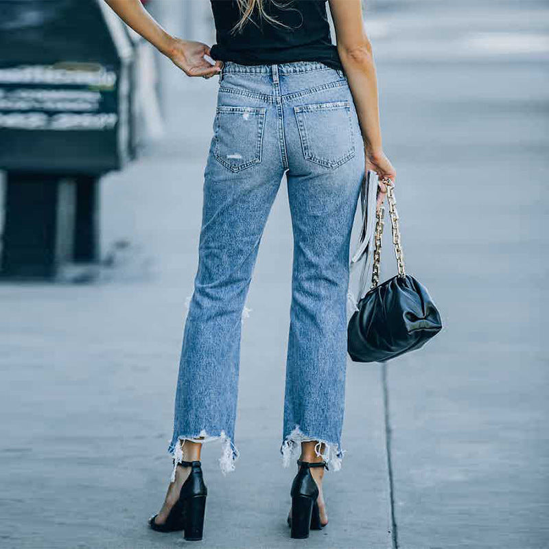 Dame Ripped Mom Jeans i trendy distressed stil med høj talje og frynset kant Stilla