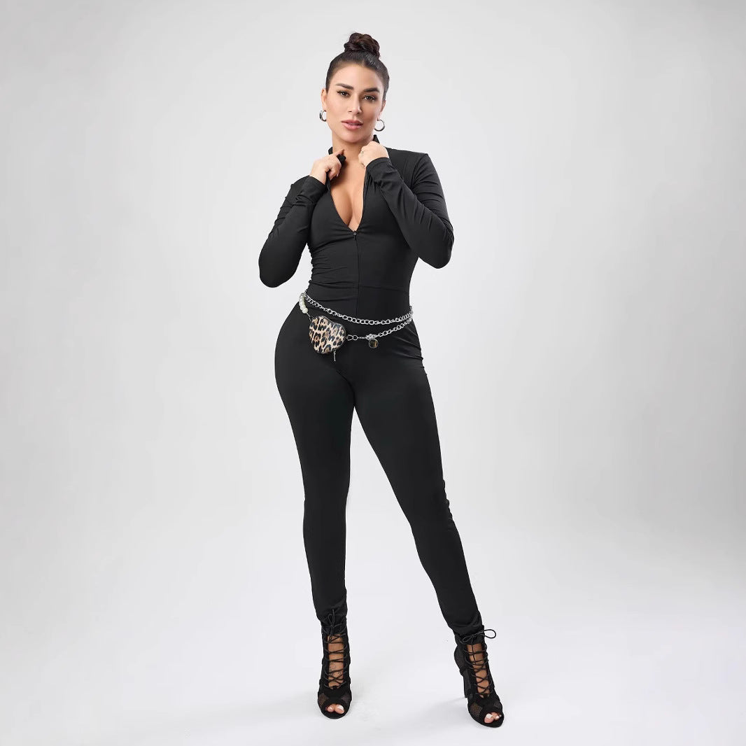 Dame figursyet Jumpsuit med ståkrave og lynlås Stilla