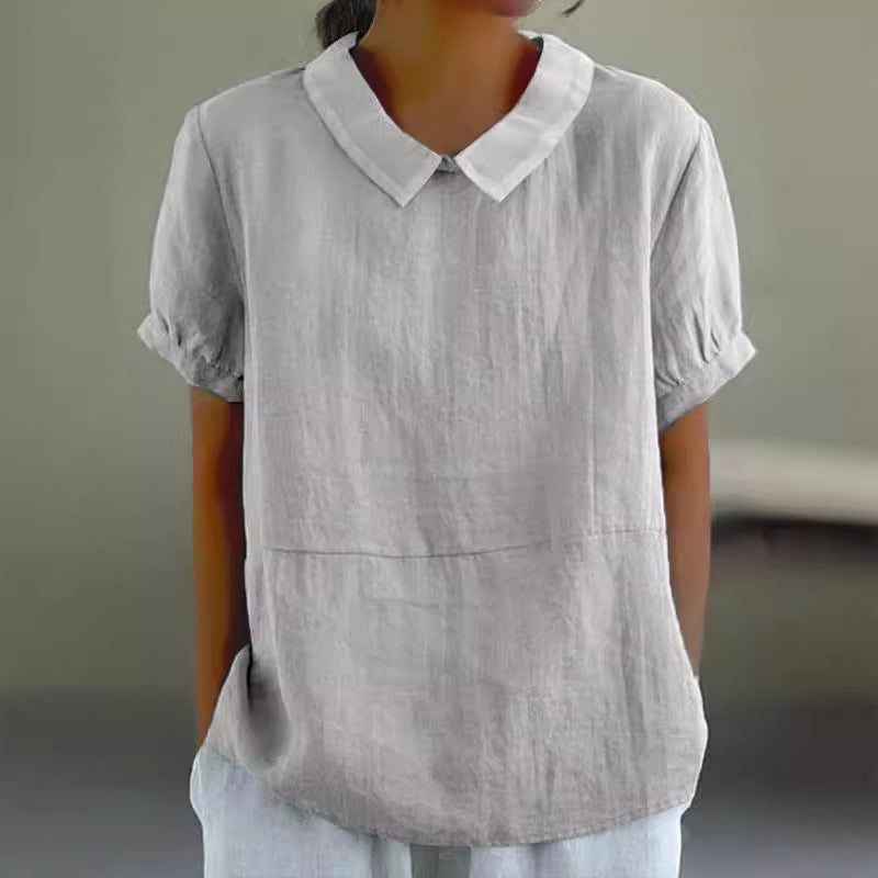 Dame afslappet bluse i let hørstof med elegante kraver Stilla