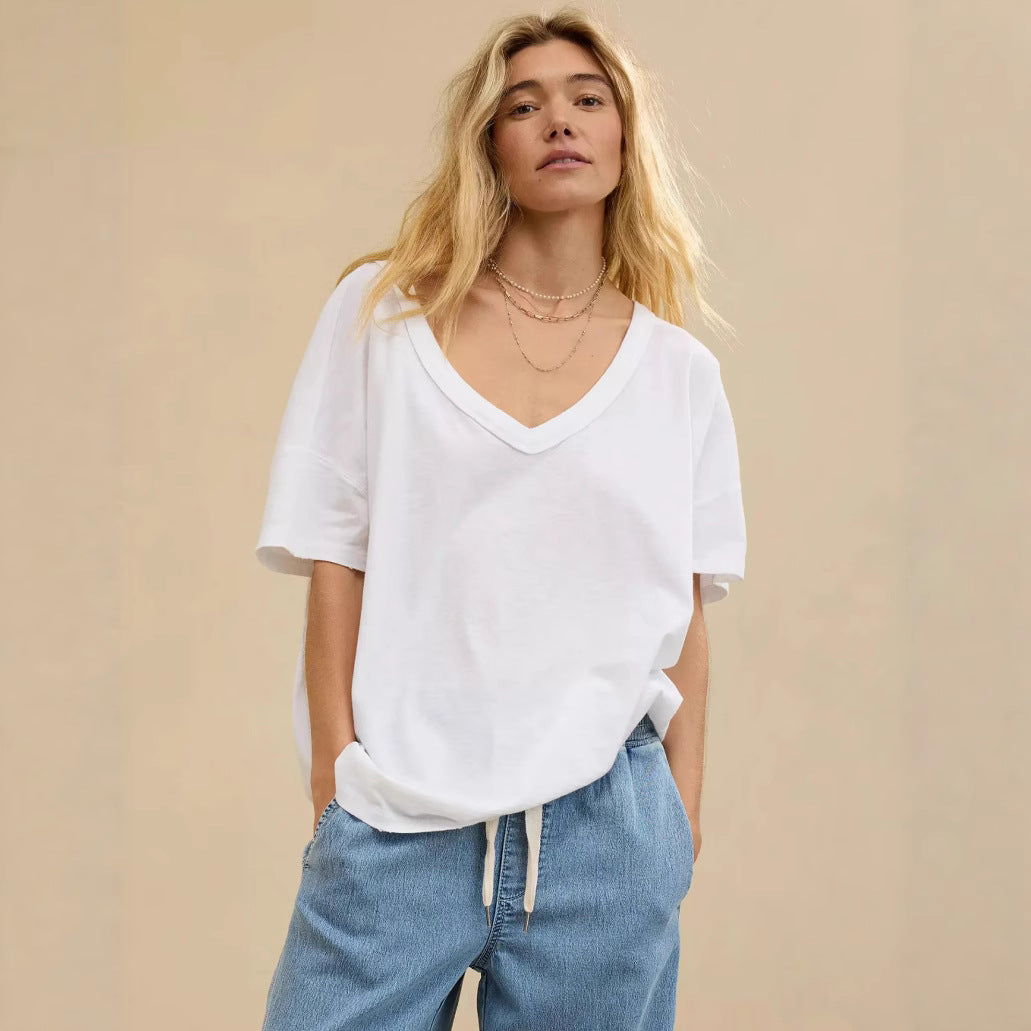 Dame afslappet oversized T-shirt med dyb V-hals Stilla