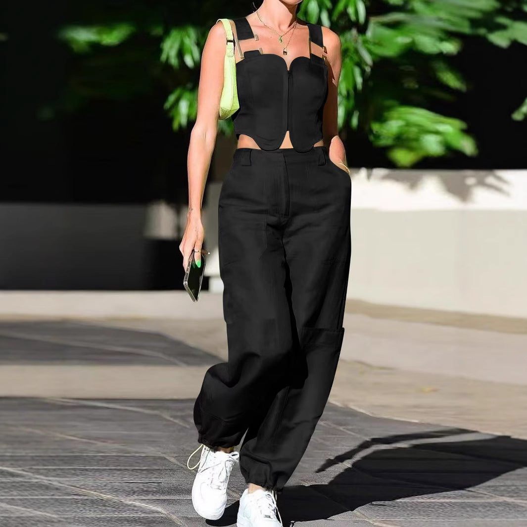 Dame Cropped Top og brede Bukser med Lommer Stilla