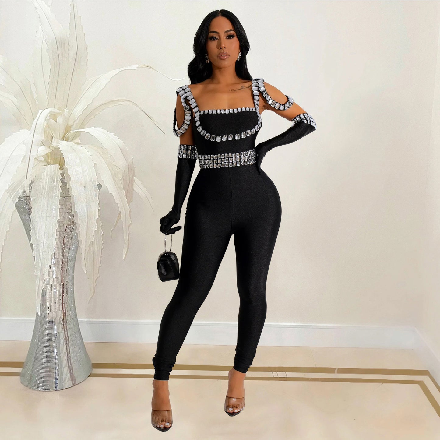 Dame Glamourøs Figurbetonet Jumpsuit med Strassdekorationer Stilla