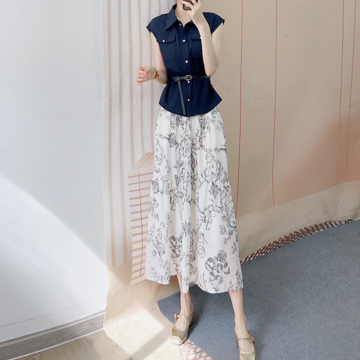 Dame Elegant Modekombination af chic bluse skjorte med bælte og blomster maxi nederdele Stilla