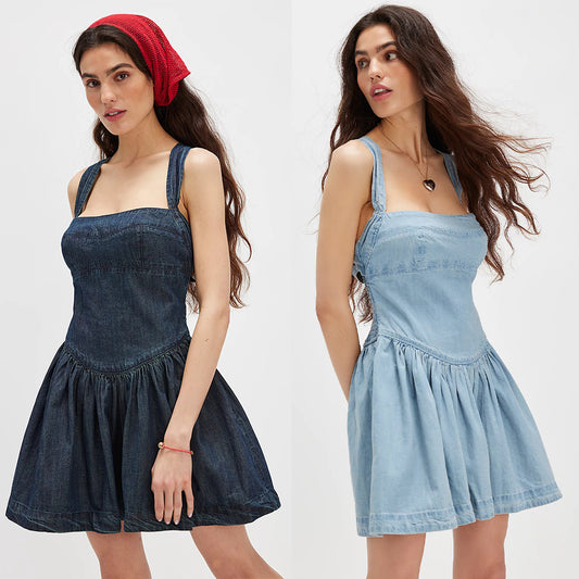 Dame Denim Sommerkjole med blomsteroverdel og udskåret nederdel Stilla