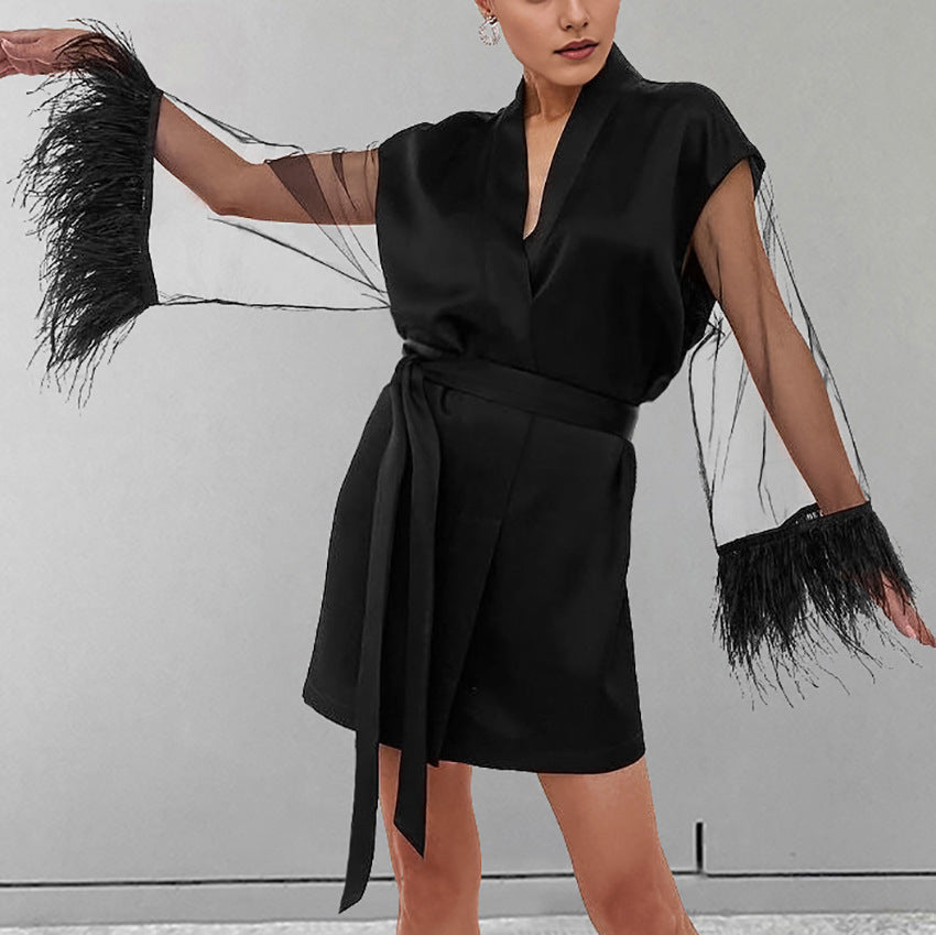 Dame elegant Kimono-stil kortkjole med voluminøse ærmer og taljebælte Stilla